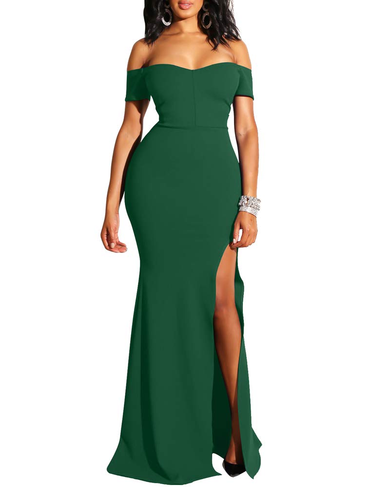 YMDUCH Womens Off Shoulder High Split Long Formal Party Dress Evening Gown Dark Green - Image 3